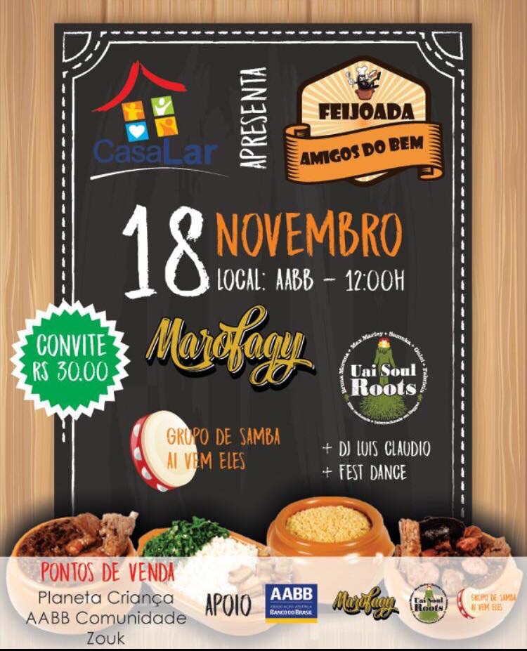 Feijoada em prol da Casa Lar acontece no próximo domingo